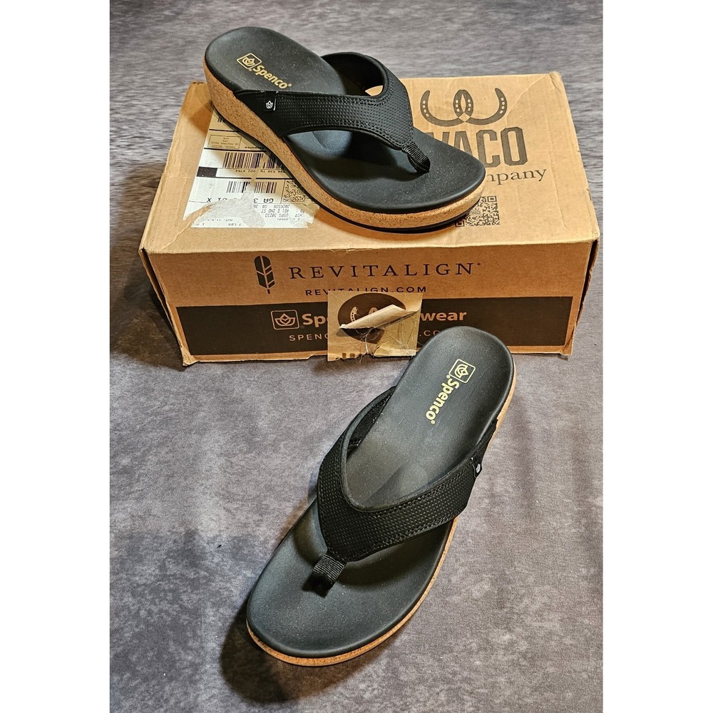 Spenco Willow Wedge Sandal Womens Black Cork Flip Flop Waco Shoe Co. SZ 10W